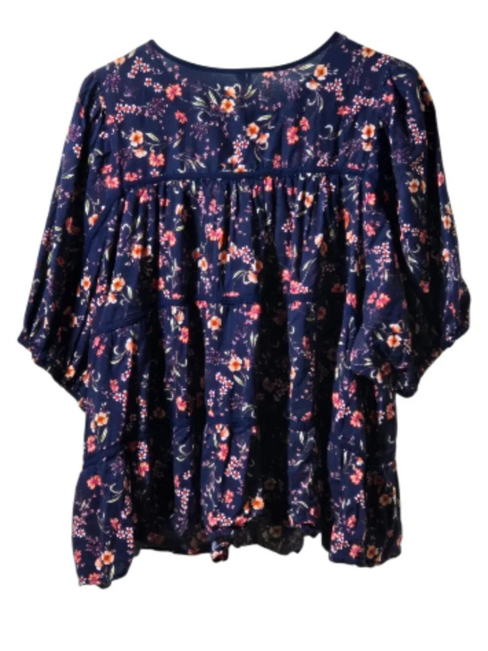 Old Navy XXL Navy Floral Boho Peasant Blouse Cotton Rayon Puff Sleeve Top